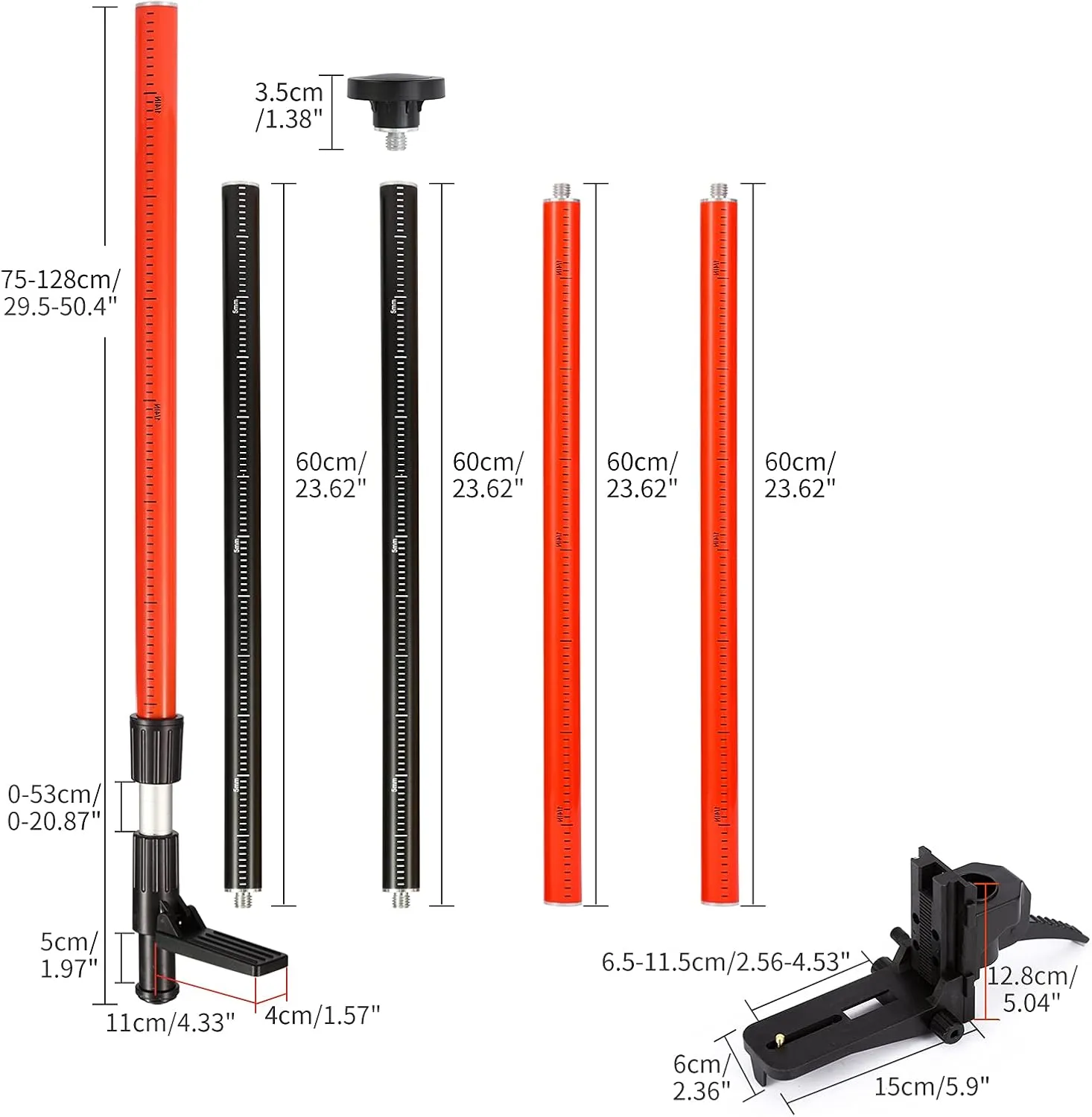 Telescoping Laser Level Pole, 12 FT/3.7 M Tripod Laser Pole with Adjustable Mount 5/8'' and 1/4'' Thread for Laser Rotary and Line Rotary Lasers (Without Tripod)