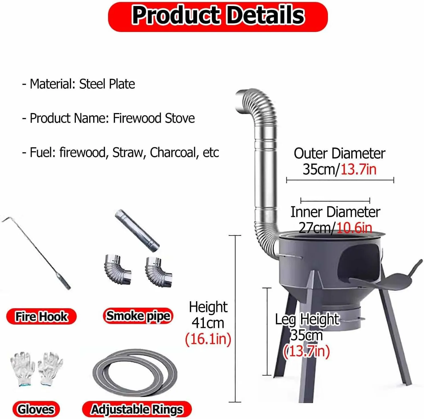 Tent Stove Wood Burning Stove, Rocket Camping - 41 61cm Tall Hot w/Detachable Legs for Heating and Cooking