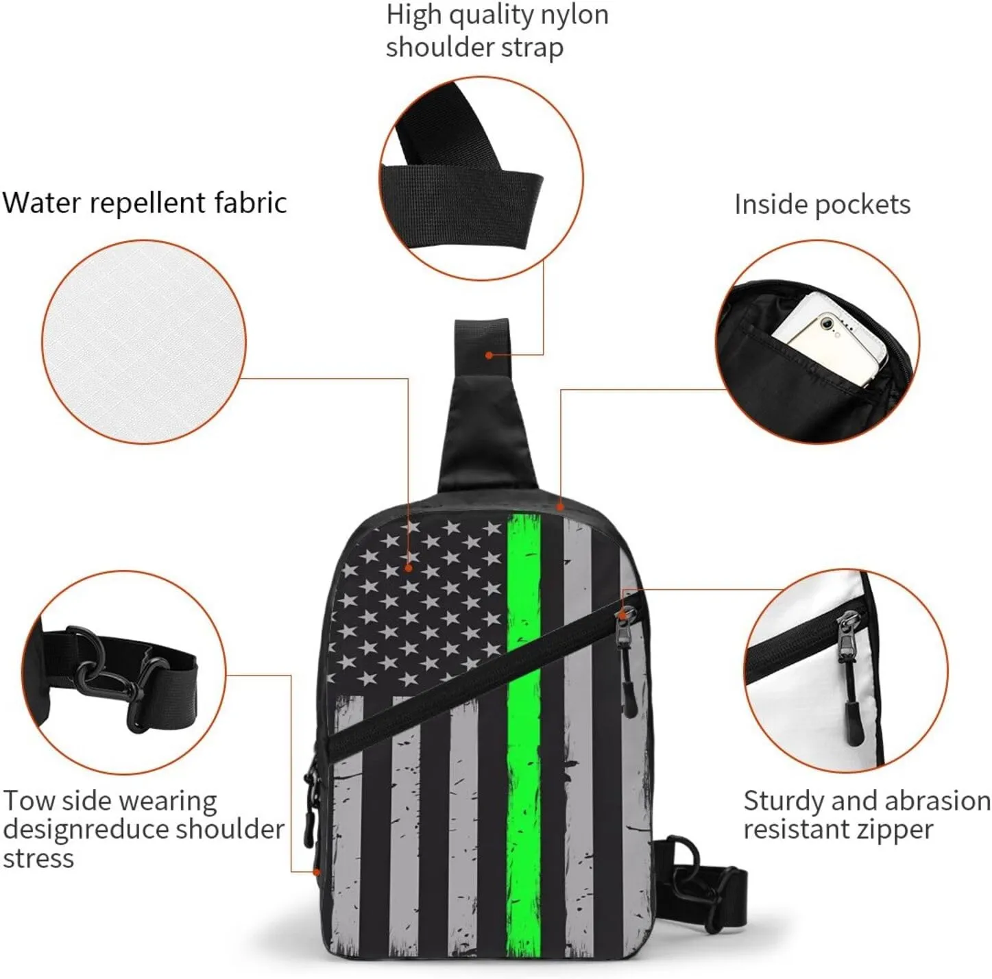 Thin Green Line American Flag Portable Sling Bags Packable Crossbody Bag Foldable Sport Daypack Reusable Shoulder Backpack Diagonally Chest Bag for Workout Travel