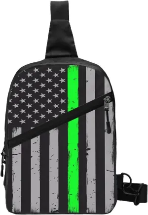 Thin Green Line American Flag Portable Sling Bags Packable Crossbody Bag Foldable Sport Daypack Reusable Shoulder Backpack Diagonally Chest Bag for Workout Travel