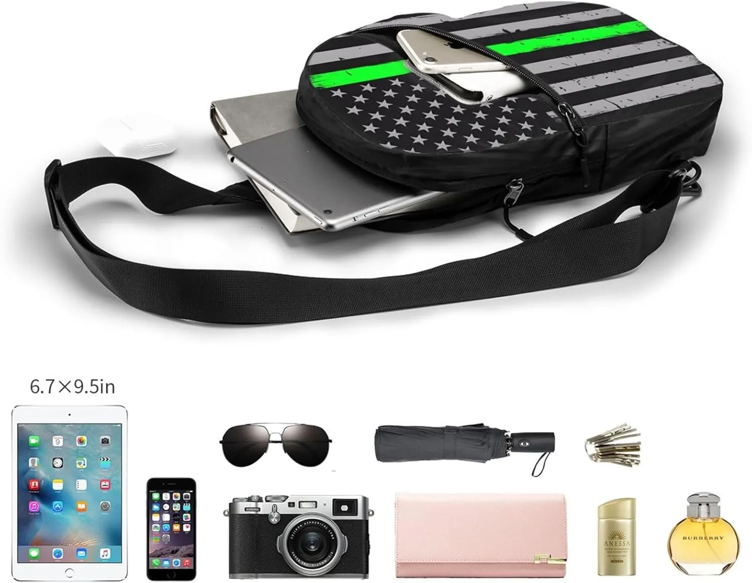 Thin Green Line American Flag Portable Sling Bags Packable Crossbody Bag Foldable Sport Daypack Reusable Shoulder Backpack Diagonally Chest Bag for Workout Travel