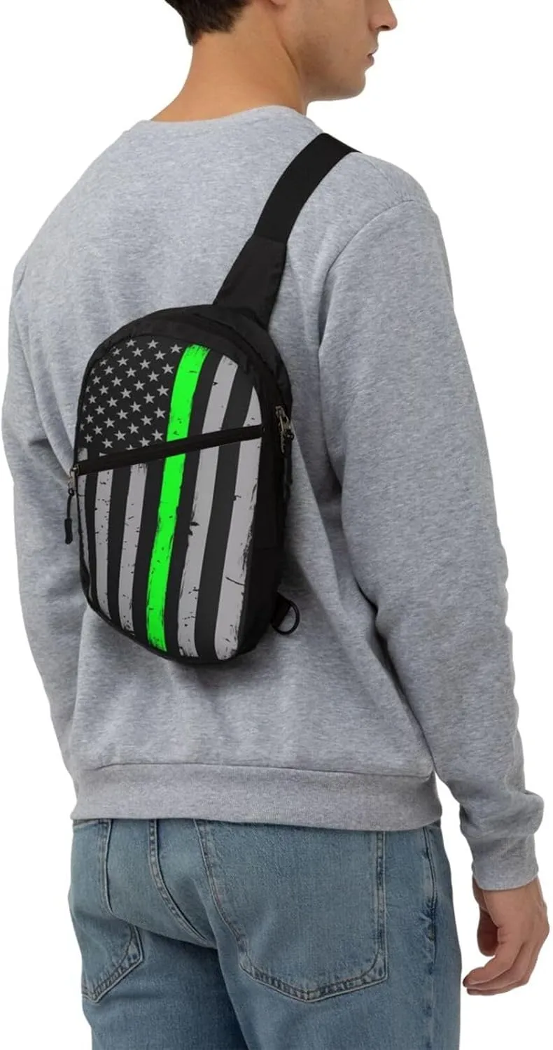 Thin Green Line American Flag Portable Sling Bags Packable Crossbody Bag Foldable Sport Daypack Reusable Shoulder Backpack Diagonally Chest Bag for Workout Travel
