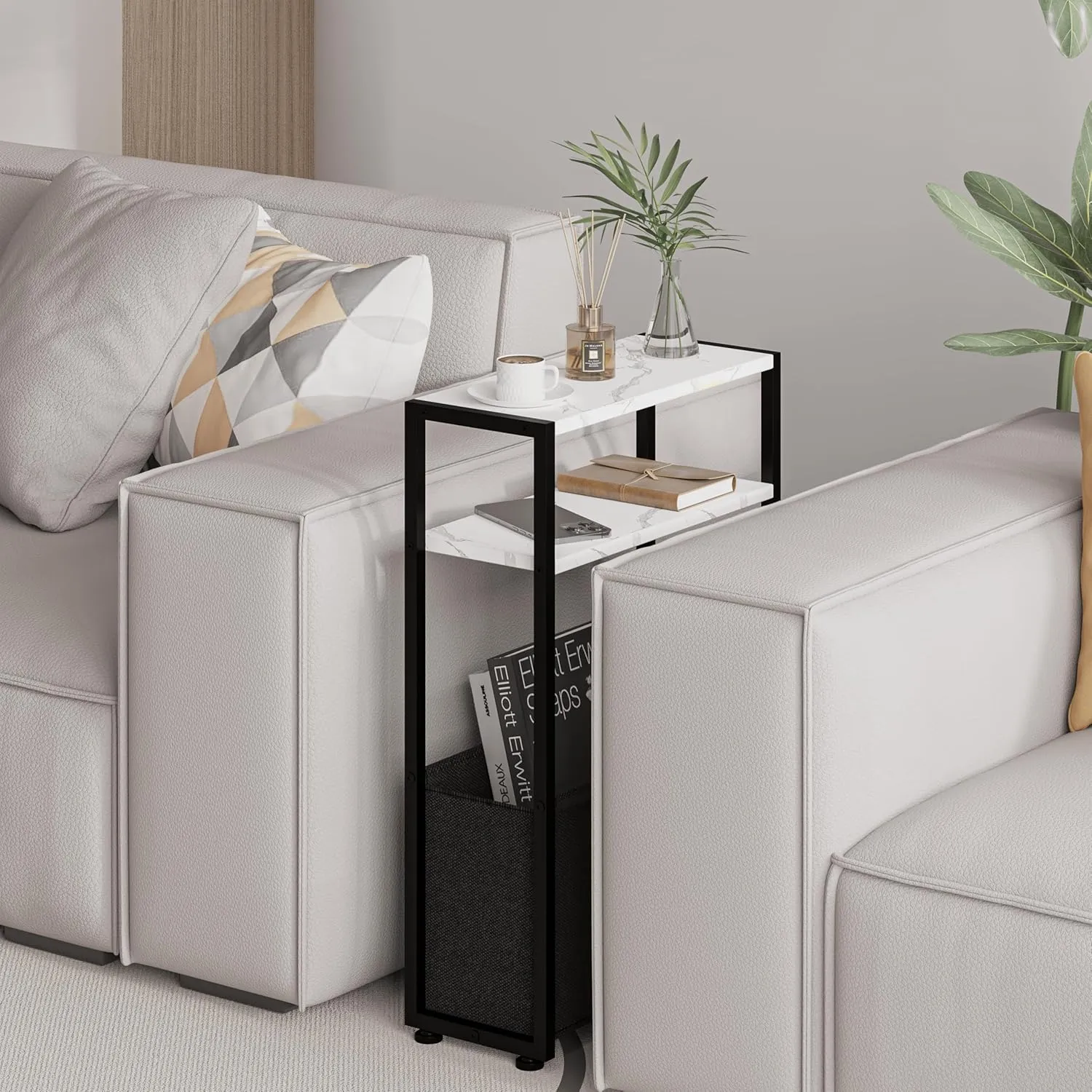 Thin Side Table, Narrow Side Table with Fabric Basket, Narrow Table for Small Spaces, Thin Bedside Table for Living Room, Bedroom