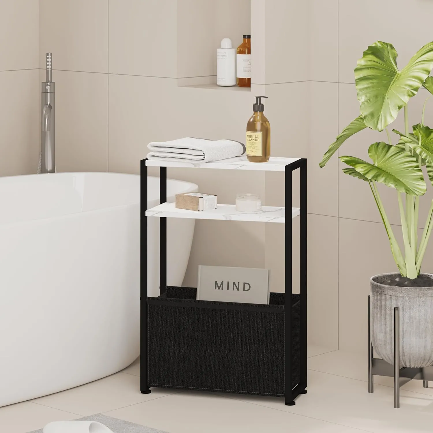 Thin Side Table, Narrow Side Table with Fabric Basket, Narrow Table for Small Spaces, Thin Bedside Table for Living Room, Bedroom
