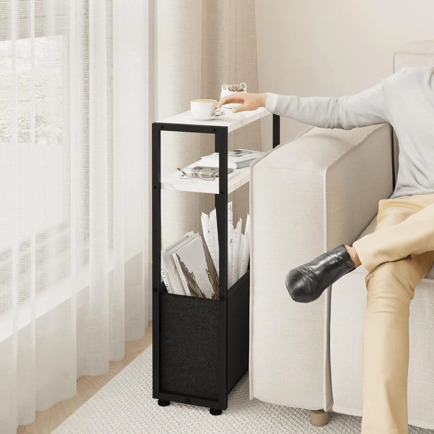 Thin Side Table, Narrow Side Table with Fabric Basket, Narrow Table for Small Spaces, Thin Bedside Table for Living Room, Bedroom