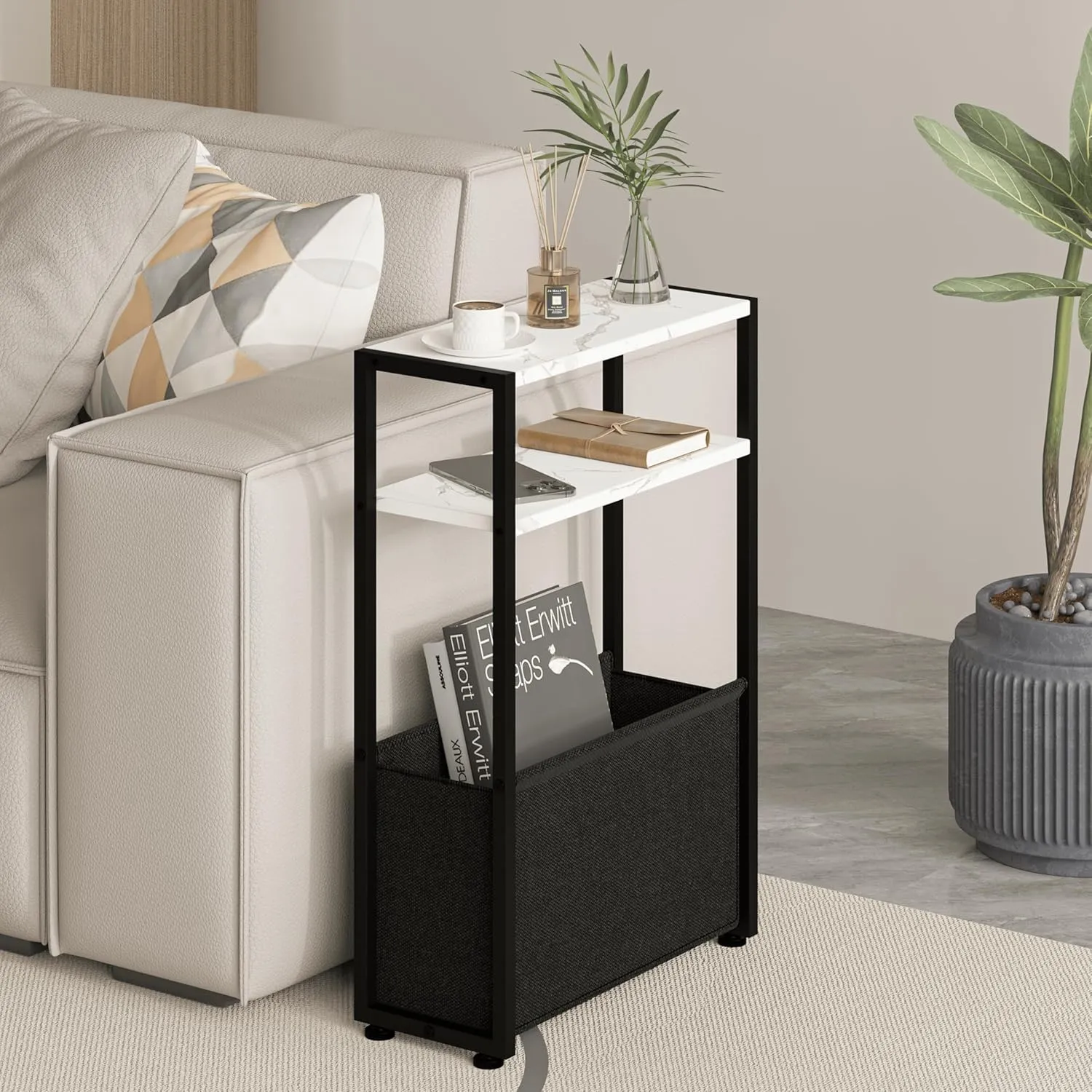 Thin Side Table, Narrow Side Table with Fabric Basket, Narrow Table for Small Spaces, Thin Bedside Table for Living Room, Bedroom