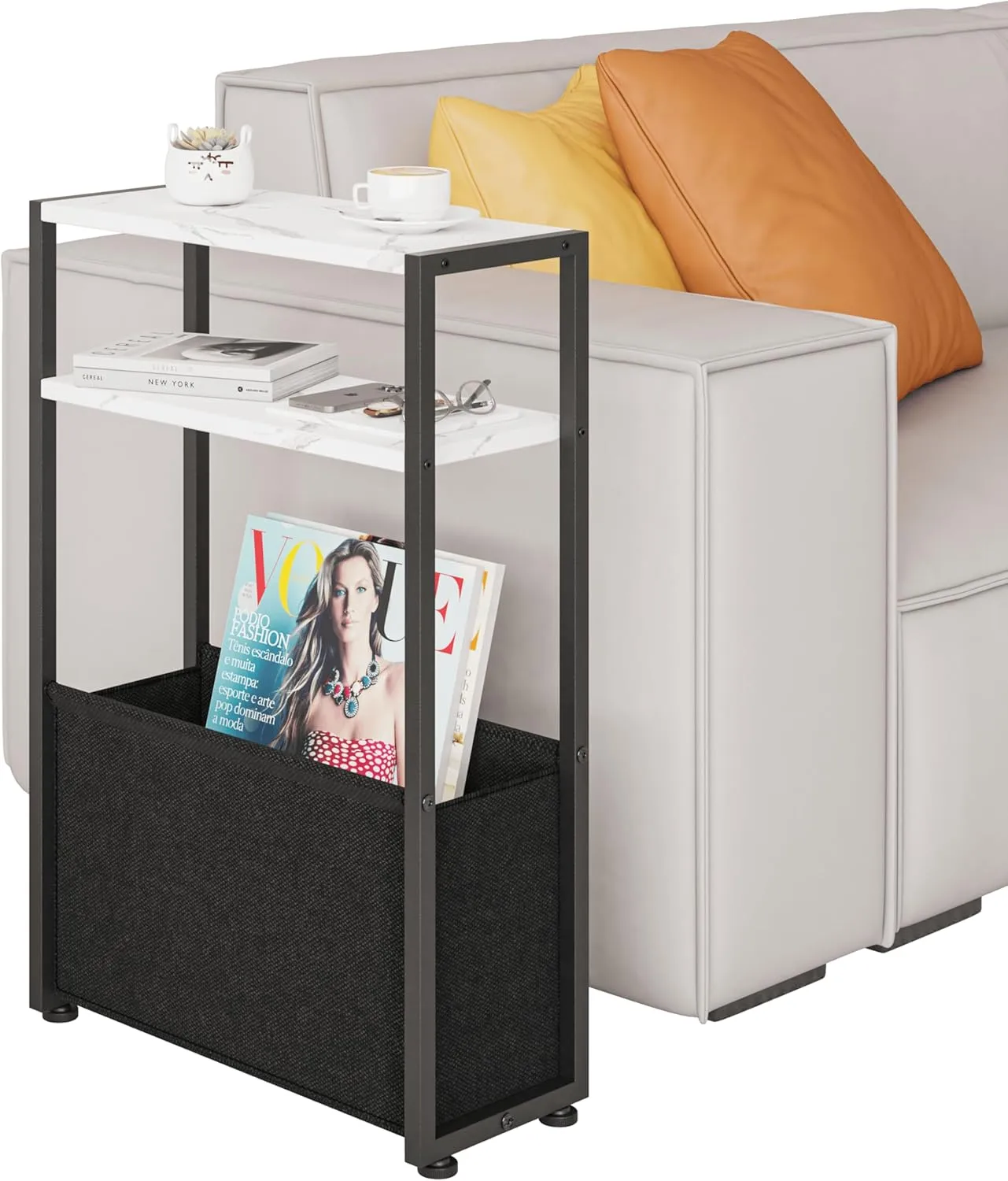 Thin Side Table, Narrow Side Table with Fabric Basket, Narrow Table for Small Spaces, Thin Bedside Table for Living Room, Bedroom