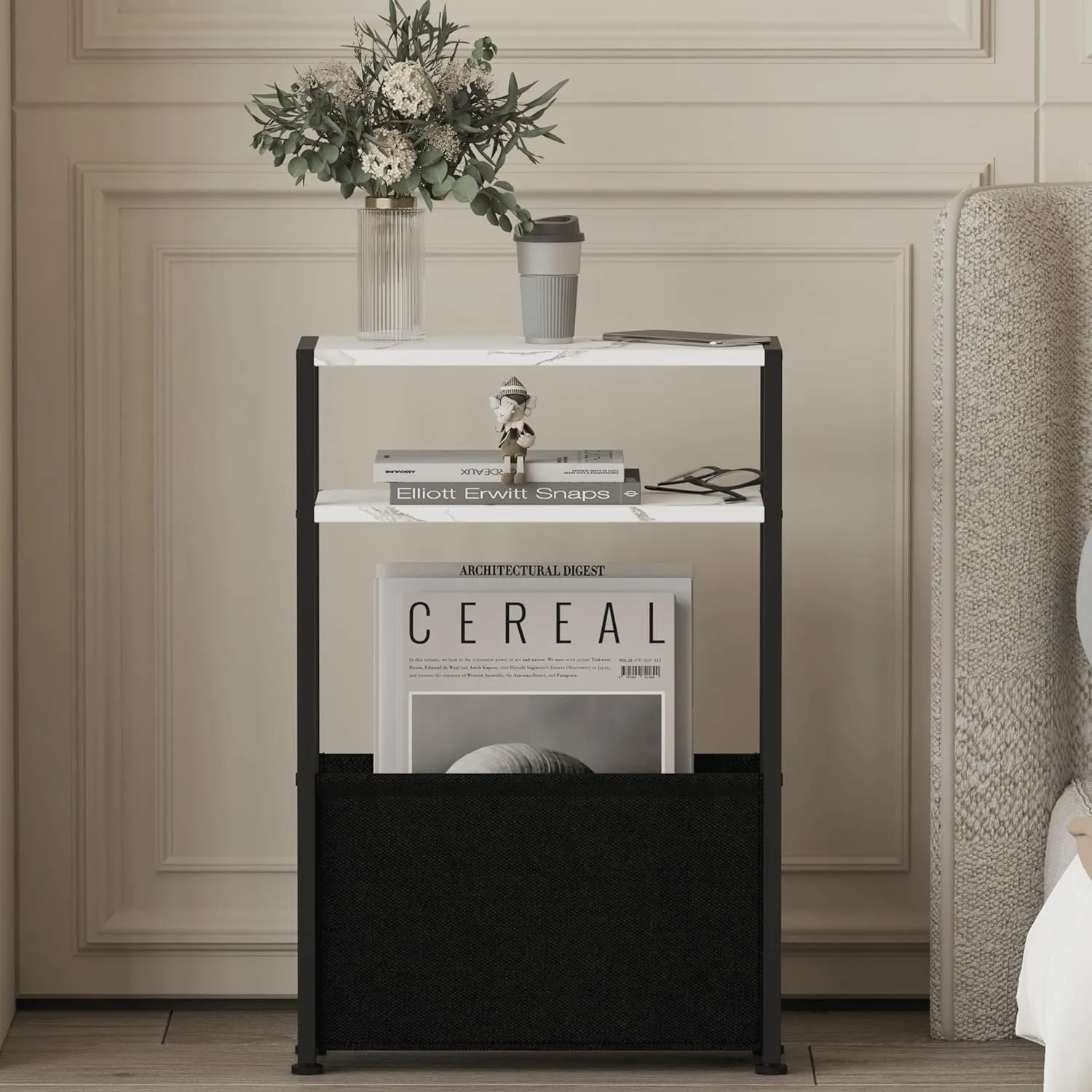 Thin Side Table, Narrow Side Table with Fabric Basket, Narrow Table for Small Spaces, Thin Bedside Table for Living Room, Bedroom