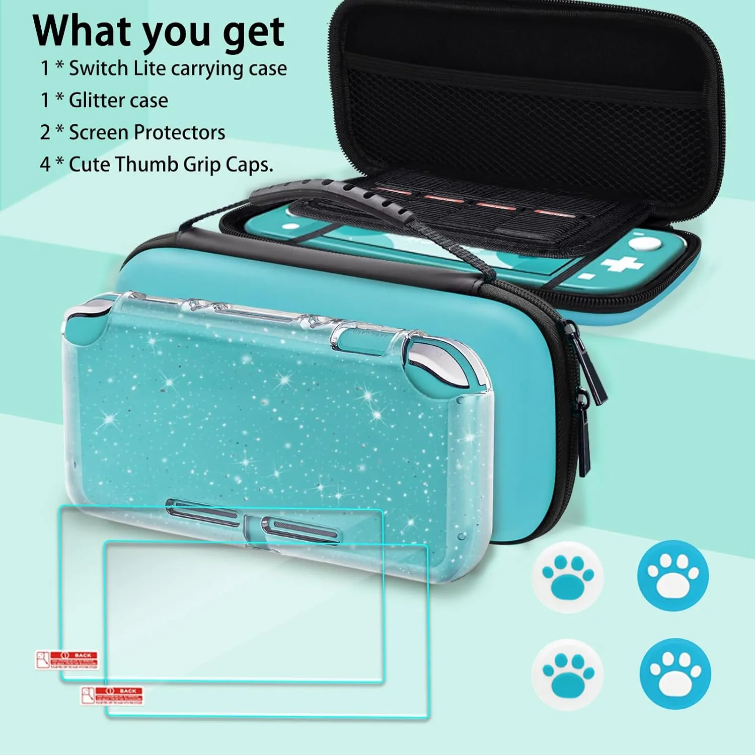 TIKOdirect Carrying Case for Switch lite, Shockproof Portable Travel Bag with Large Storage, Glitter Galaxy Cover, Screen Protectors, Cute Cat Claw Thumb Grips Caps, Turquoise