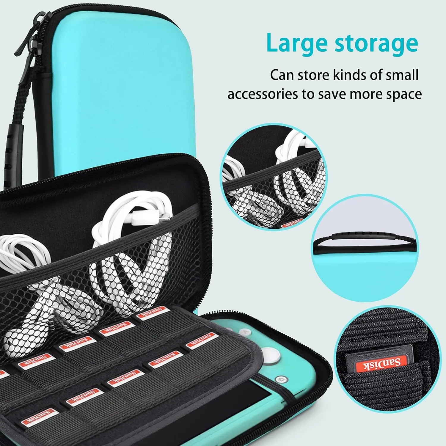 TIKOdirect Carrying Case for Switch lite, Shockproof Portable Travel Bag with Large Storage, Glitter Galaxy Cover, Screen Protectors, Cute Cat Claw Thumb Grips Caps, Turquoise