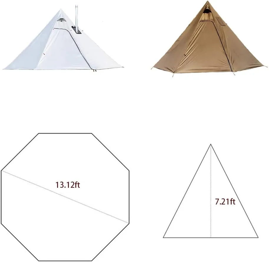 Tipi Hot Tent with Fire Retardant Stove Jack for Flue Pipes, 2~3 Person, Lightweight, Teepee Tents for Family Team Outdoor Backpacking Camping Hiking