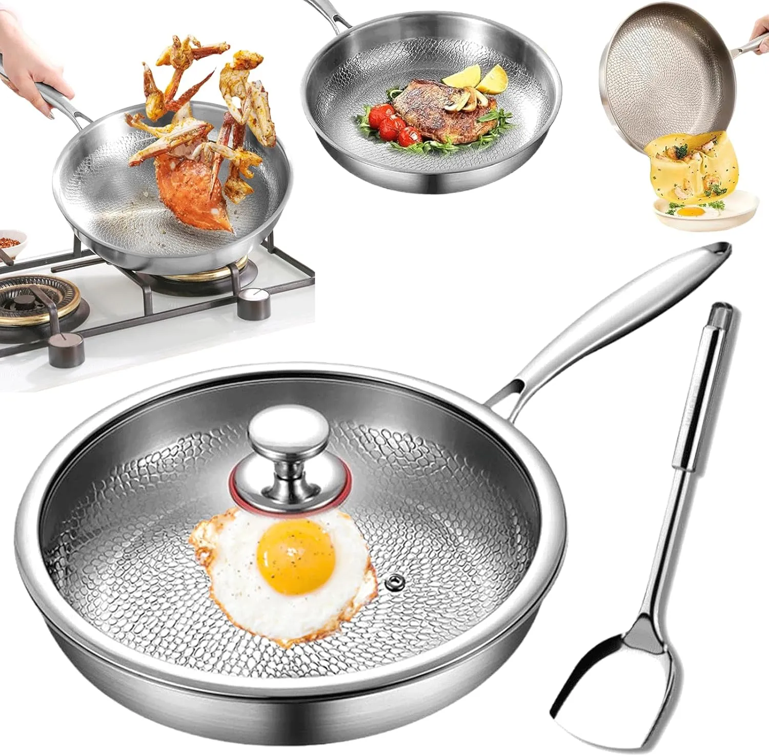 Titanium Hammered Pan Pro with Lid, 2025 Upgraded Ultra-Durable Scratch-Resistant Pure Titanium Non Stick Frying Pans, Titaniums Pans for Cooking, Even Heating (10.23in,With Lid)