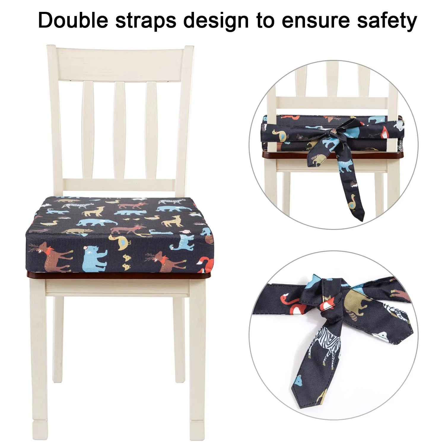 Toddler Booster Seat for Dining Table, Adjustable Double Seat Belt, Washable Waterproof, Portable for Travel, Increase Cushion (Black)
