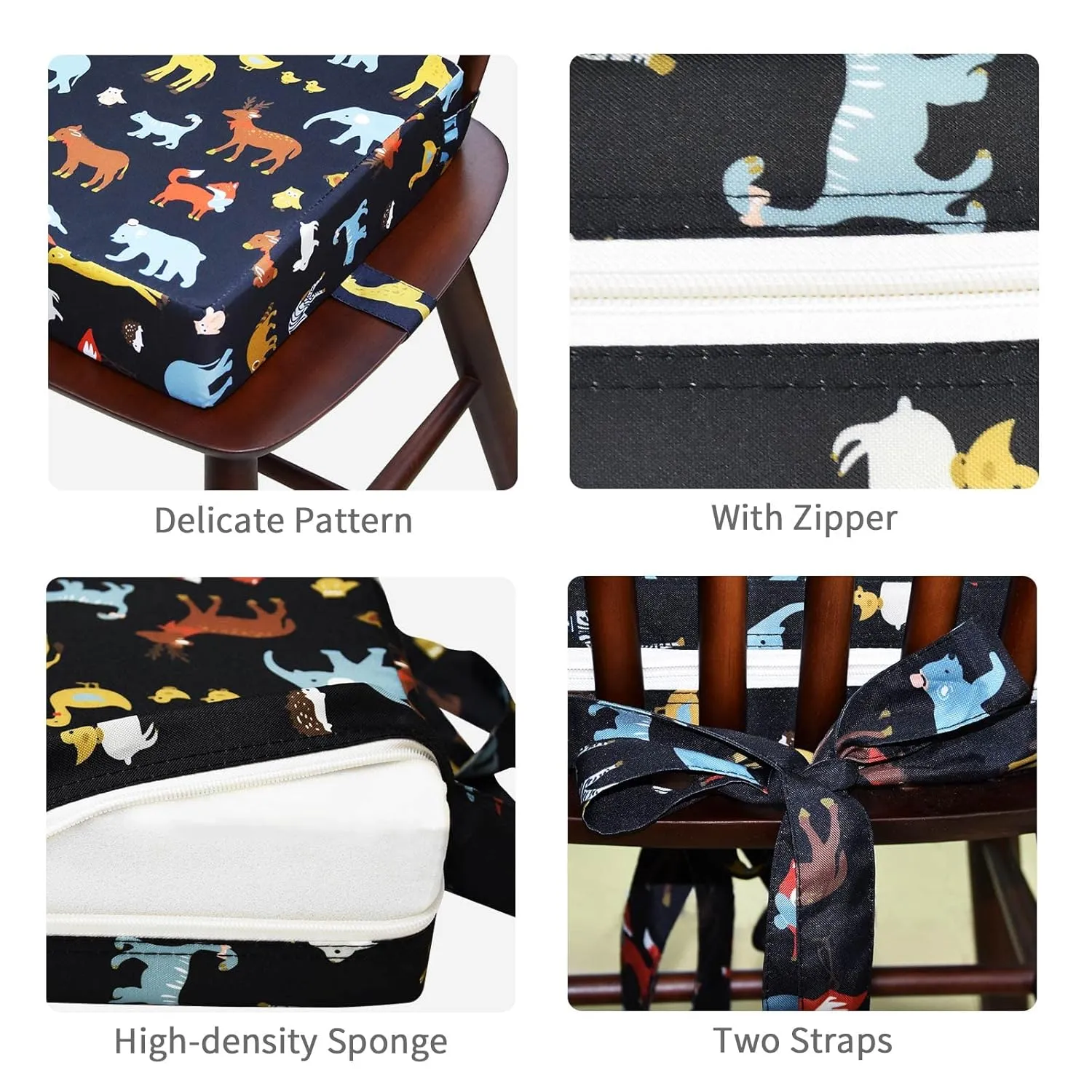 Toddler Booster Seat for Dining Table, Adjustable Double Seat Belt, Washable Waterproof, Portable for Travel, Increase Cushion (Black)