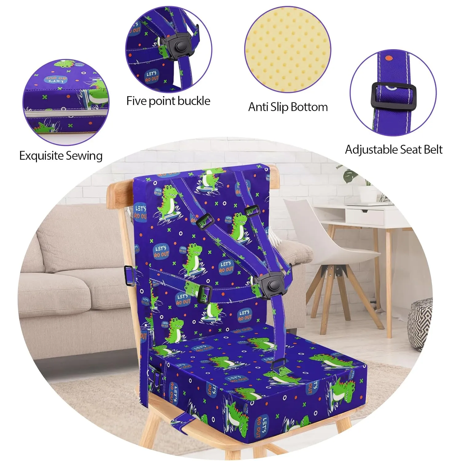 Toddler Booster Seat for Dining Table, Adjustable Safety Buckle Child Booster Seat for Table with Backrest, Waterproof Washable Portable Booster Seat Non-Slip Bottom Booster Cushion (Blue)