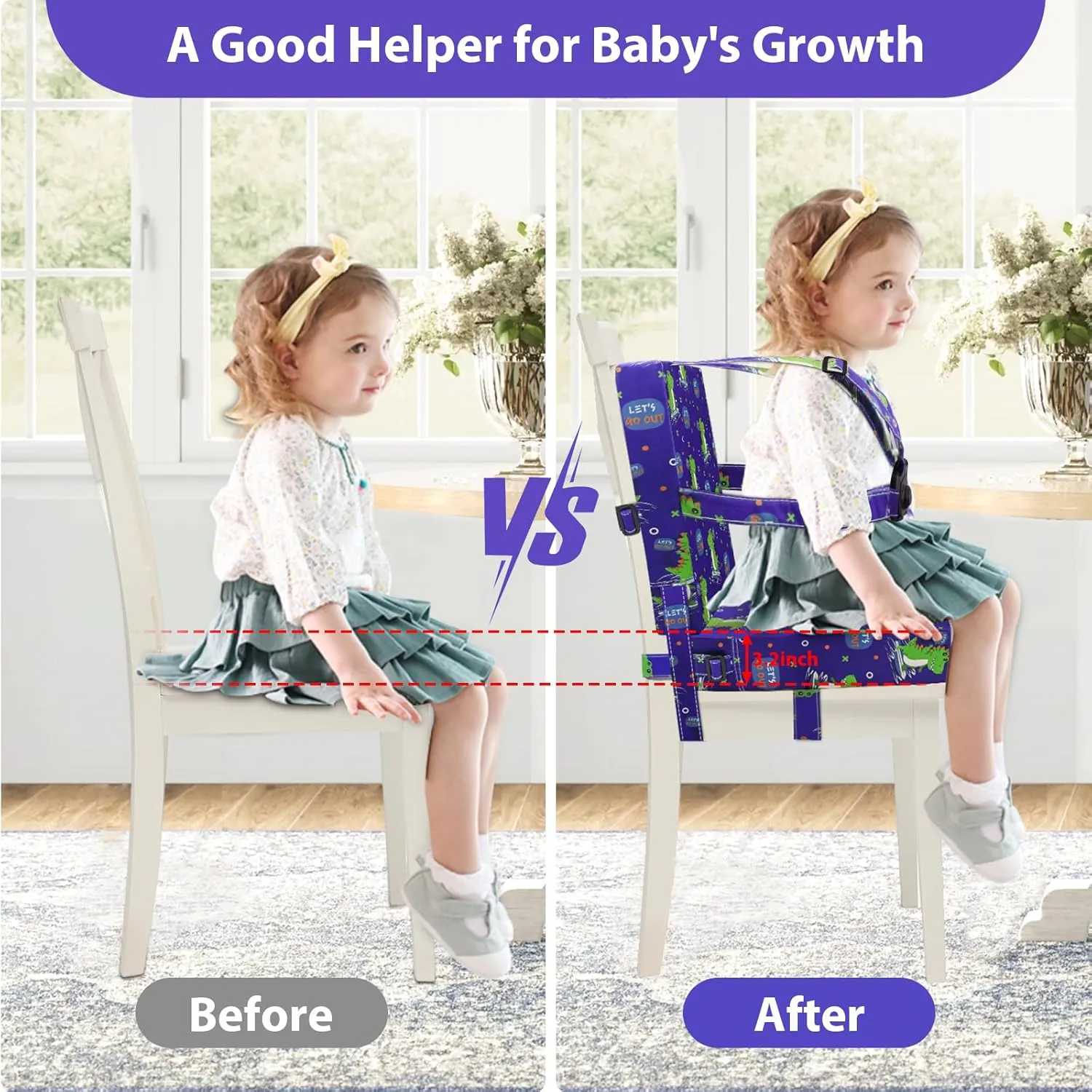 Toddler Booster Seat for Dining Table, Adjustable Safety Buckle Child Booster Seat for Table with Backrest, Waterproof Washable Portable Booster Seat Non-Slip Bottom Booster Cushion (Blue)