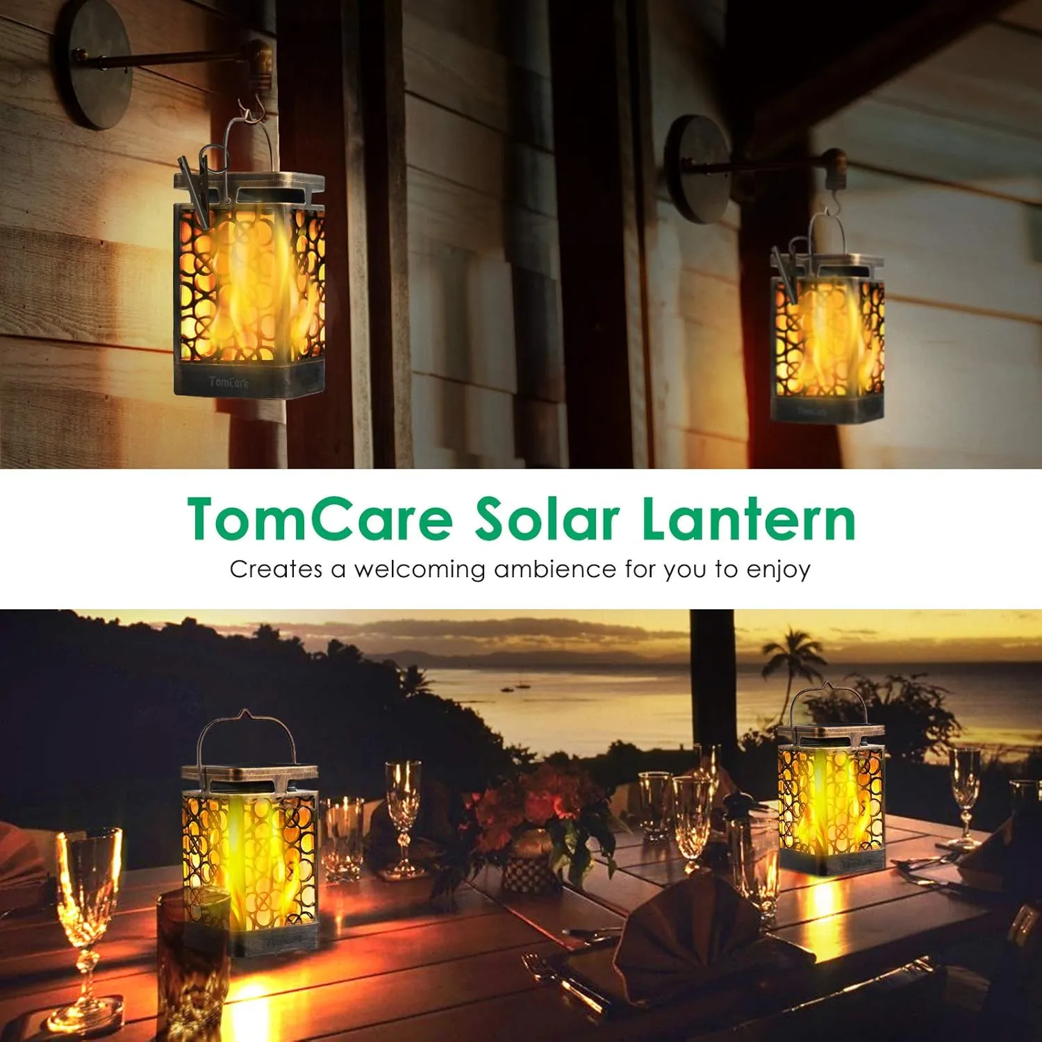TomCare Solar Lights Upgraded Solar Lantern Flickering Flame Outdoor Hanging Lantern Decorative Lighting Solar Powered Waterproof LED Flame Umbrella Lights for Patio Garden Deck, 2 Pack(Bronze)