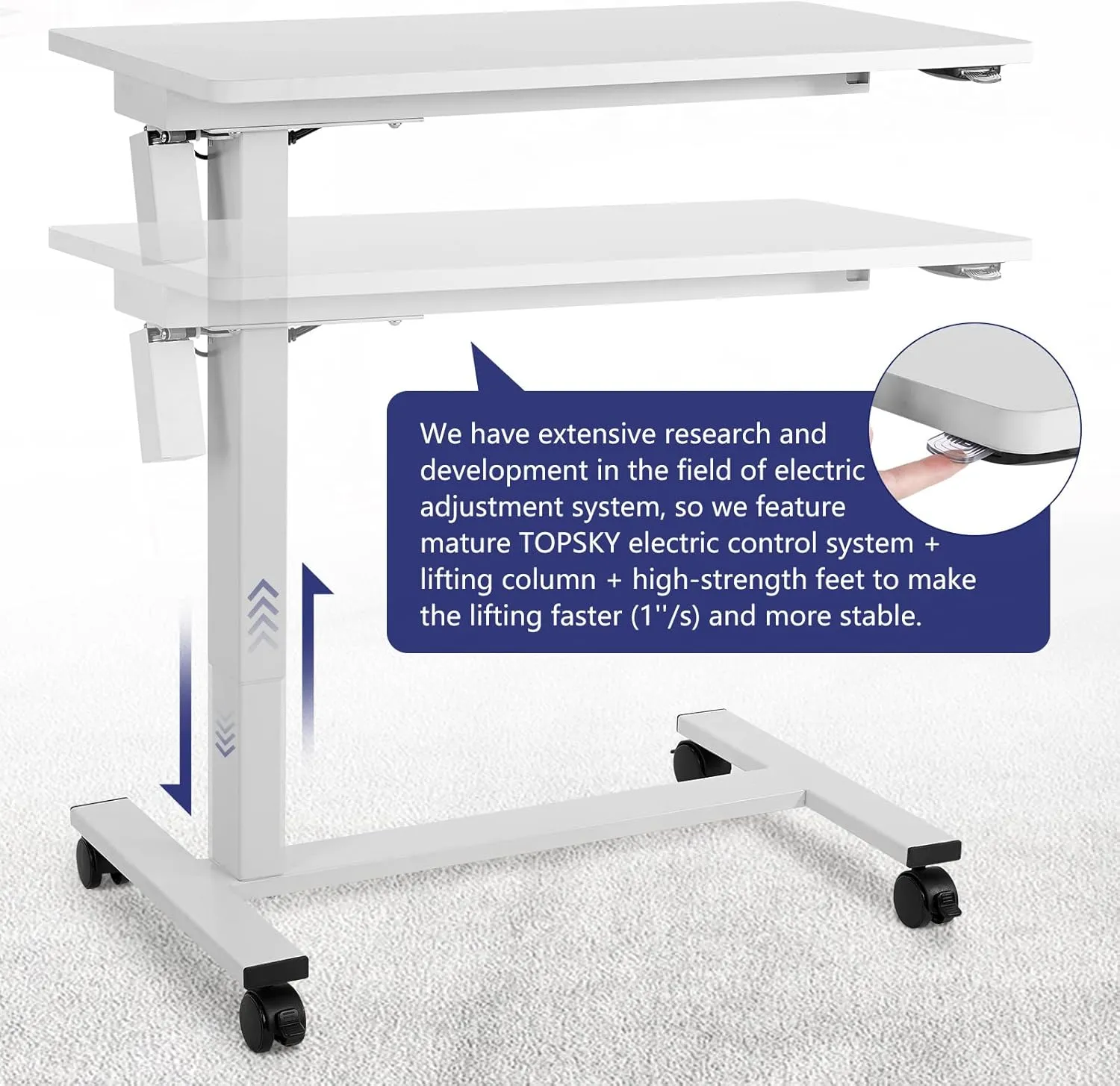 TOPSKY Electric Height Adjustable Overbed Bedside Table with Wheels for Home Office Use (White   White Frame)