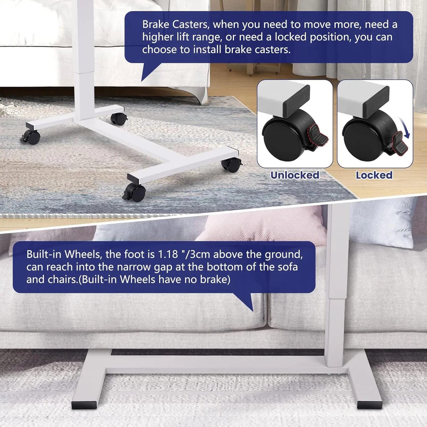TOPSKY Electric Height Adjustable Overbed Bedside Table with Wheels for Home Office Use (White   White Frame)
