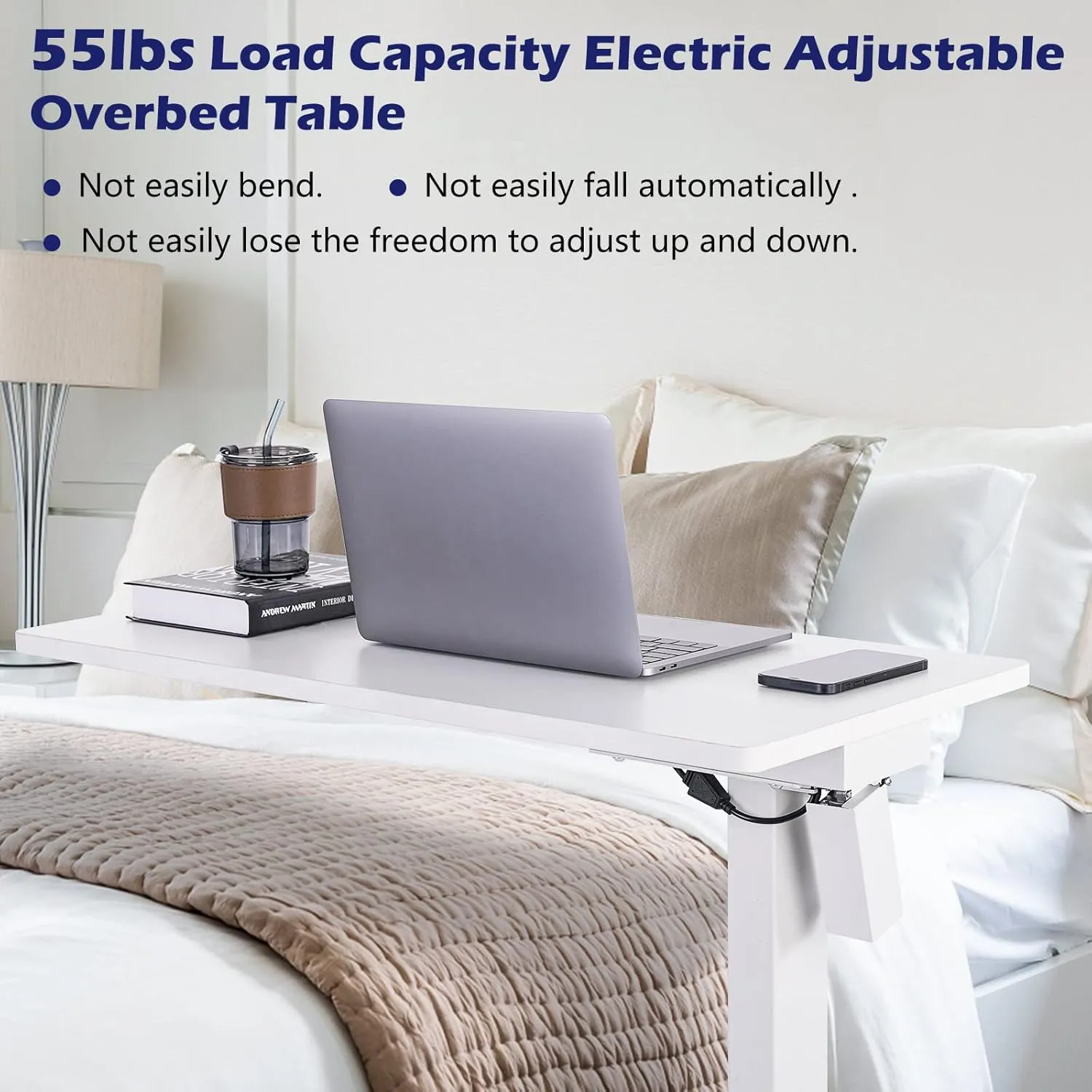 TOPSKY Electric Height Adjustable Overbed Bedside Table with Wheels for Home Office Use (White   White Frame)