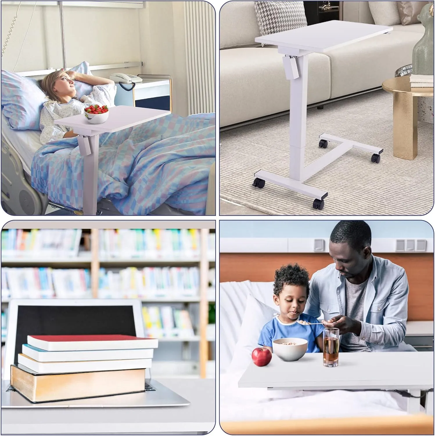 TOPSKY Electric Height Adjustable Overbed Bedside Table with Wheels for Home Office Use (White   White Frame)