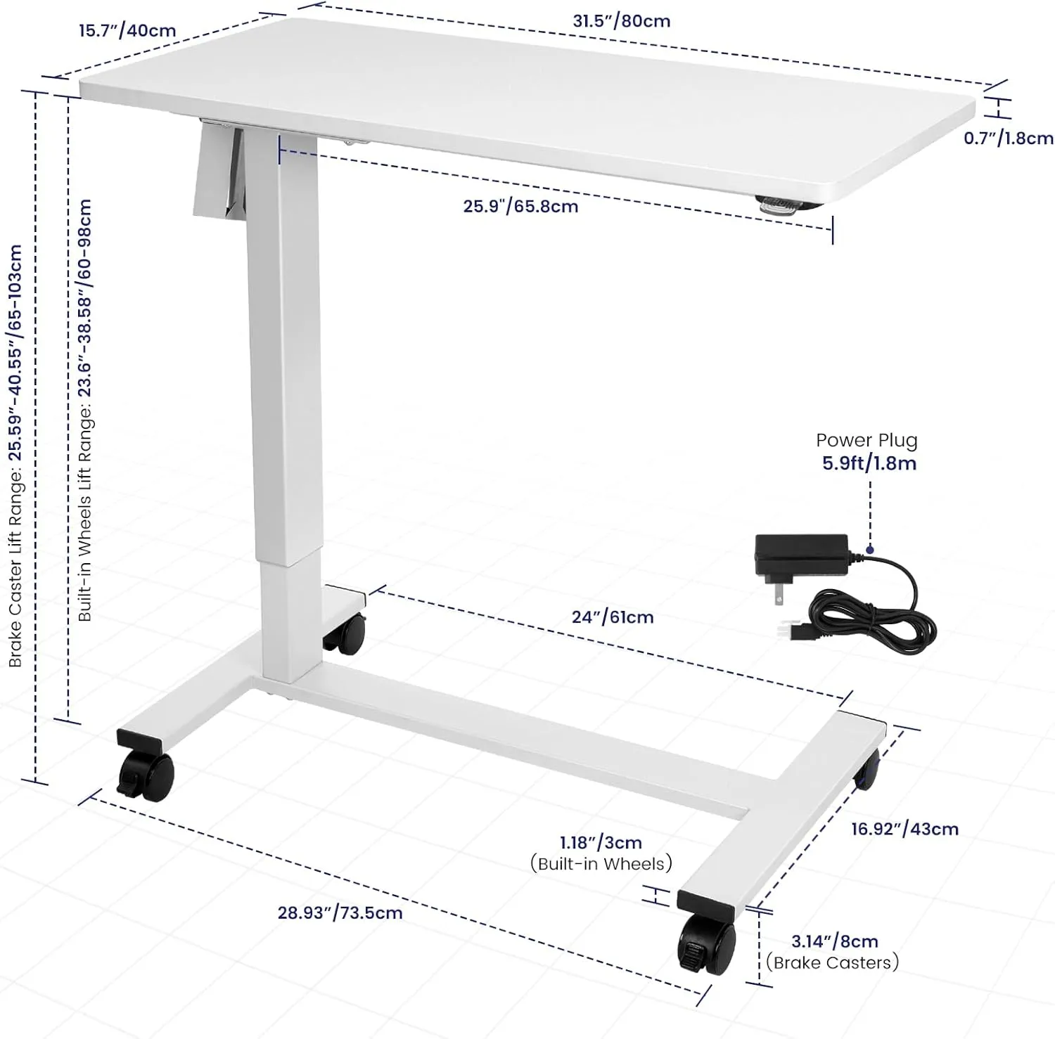 TOPSKY Electric Height Adjustable Overbed Bedside Table with Wheels for Home Office Use (White   White Frame)