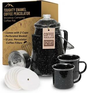 Toughty Enamel Coffee Percolator with 2 Cups - Stovetop Camping Coffee Maker for Open Fire, Grill or Gas Stove - Durable Old-Fashioned Cowboy-Style Metal Pot - 12-cup Classic Design - Black
