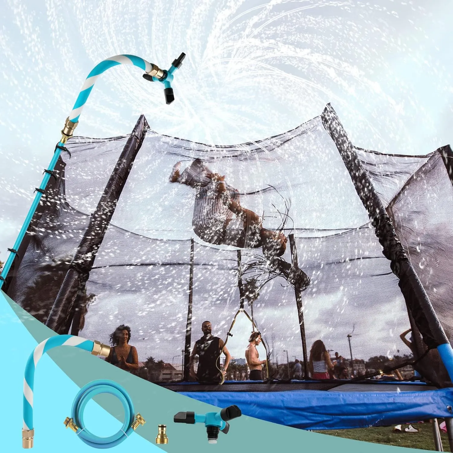 Trampoline Sprinkler - Net Friendly 360 Rotating Water Sprinkler for Kids, 5 Minutes Quick Setup Accessories for 10-16ft Trampolines, Blue