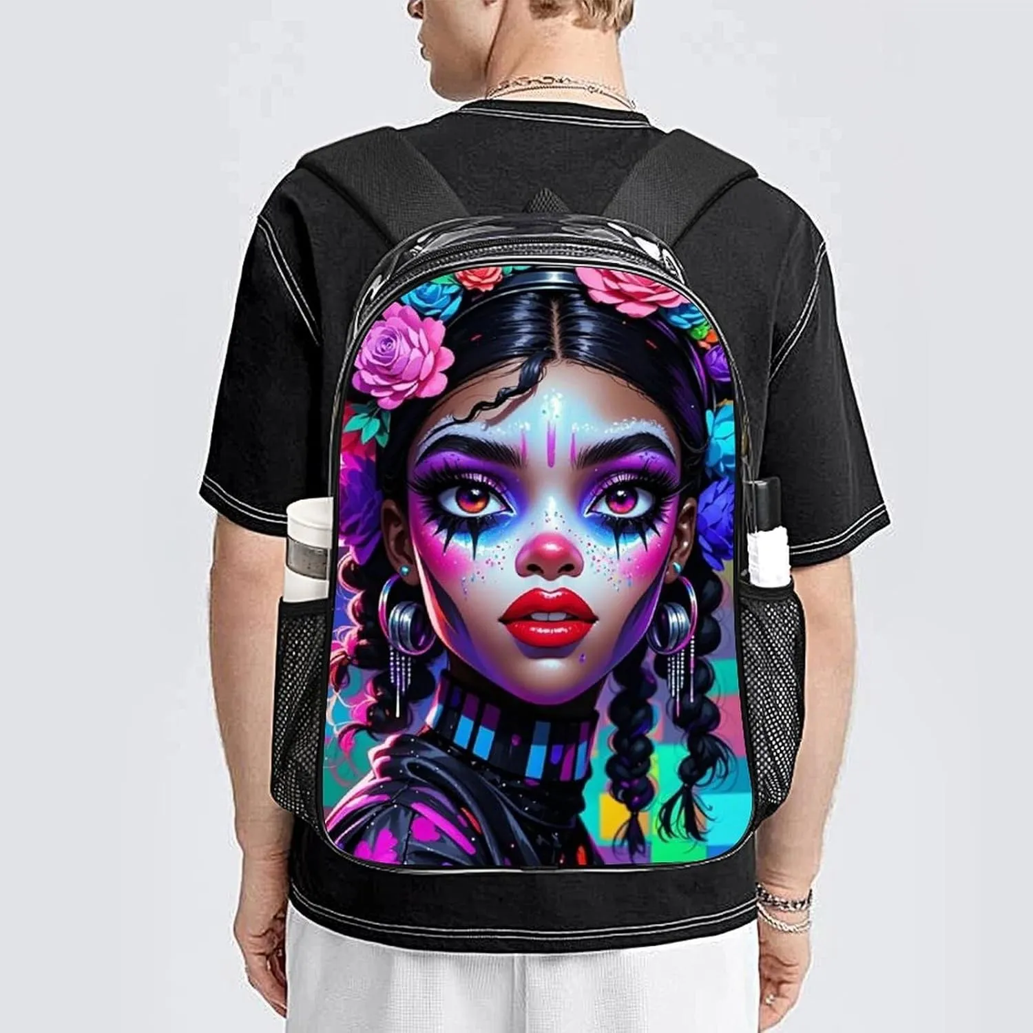 Transparent Daypack Backpack for Sports Travel Running - Big Capacity Anti-Theft Multipurpose Carry On Bag, Cool African American Woman Bold And Colorful Art Laptop Book Bag Rucksack