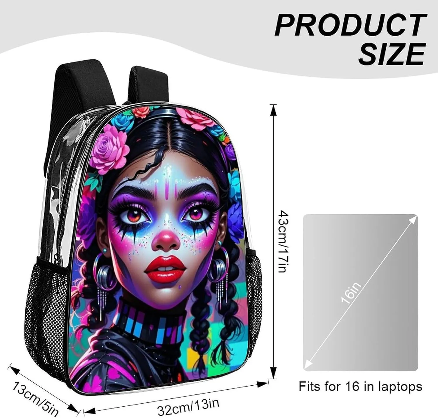 Transparent Daypack Backpack for Sports Travel Running - Big Capacity Anti-Theft Multipurpose Carry On Bag, Cool African American Woman Bold And Colorful Art Laptop Book Bag Rucksack