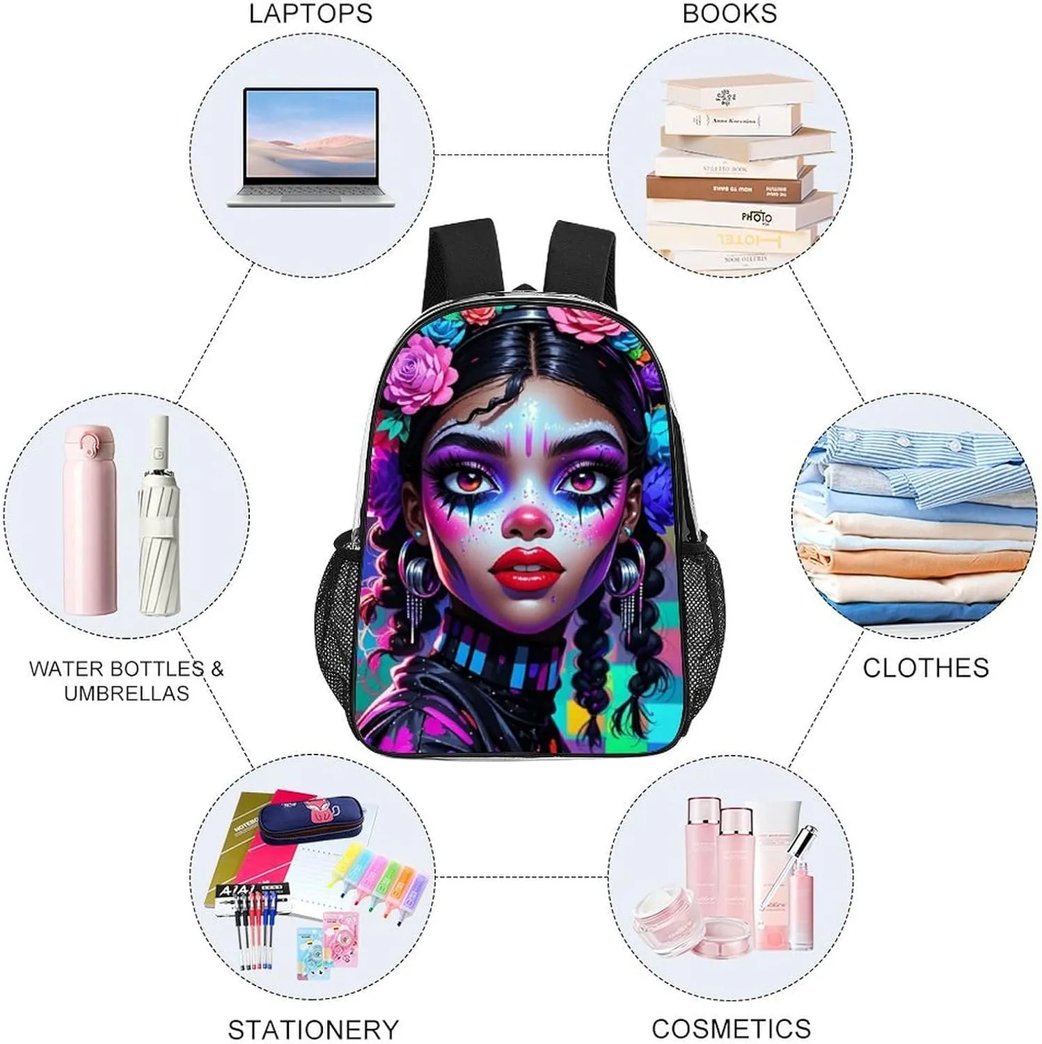 Transparent Daypack Backpack for Sports Travel Running - Big Capacity Anti-Theft Multipurpose Carry On Bag, Cool African American Woman Bold And Colorful Art Laptop Book Bag Rucksack