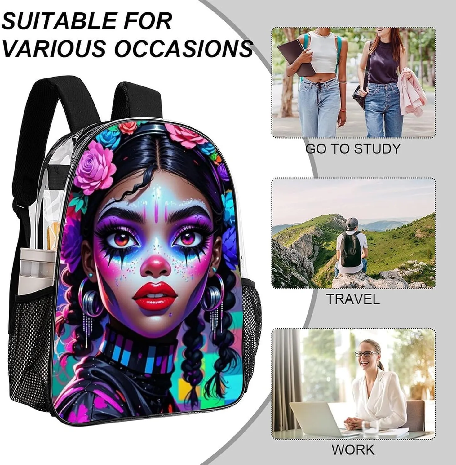 Transparent Daypack Backpack for Sports Travel Running - Big Capacity Anti-Theft Multipurpose Carry On Bag, Cool African American Woman Bold And Colorful Art Laptop Book Bag Rucksack