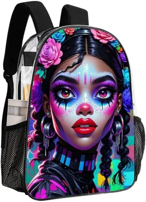 Transparent Daypack Backpack for Sports Travel Running - Big Capacity Anti-Theft Multipurpose Carry On Bag, Cool African American Woman Bold And Colorful Art Laptop Book Bag Rucksack