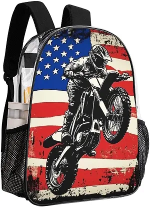 Transparent Daypack Backpack for Trekking Picnic Walking Cycling - Large Capacity Anti-Theft Multipurpose Shoulder Bag, Dirt Bike Motocross American Flag Casual Daypack