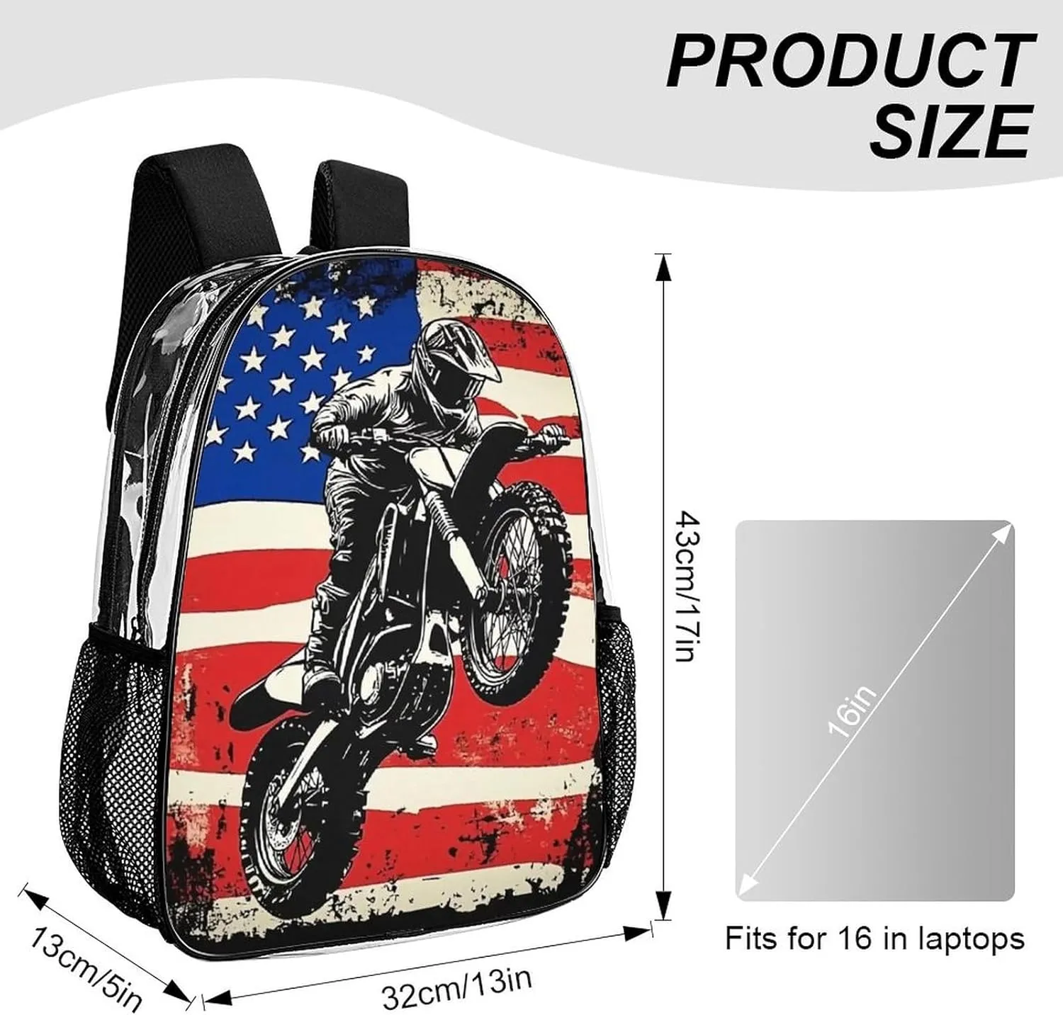 Transparent Daypack Backpack for Trekking Picnic Walking Cycling - Large Capacity Anti-Theft Multipurpose Shoulder Bag, Dirt Bike Motocross American Flag Casual Daypack
