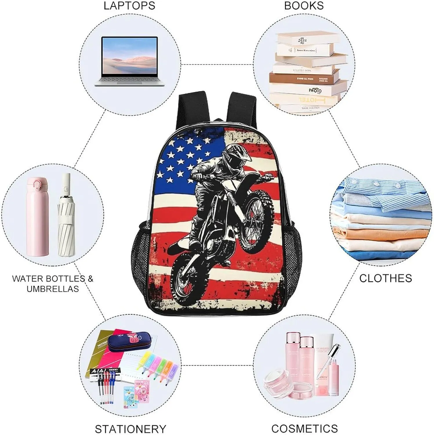 Transparent Daypack Backpack for Trekking Picnic Walking Cycling - Large Capacity Anti-Theft Multipurpose Shoulder Bag, Dirt Bike Motocross American Flag Casual Daypack