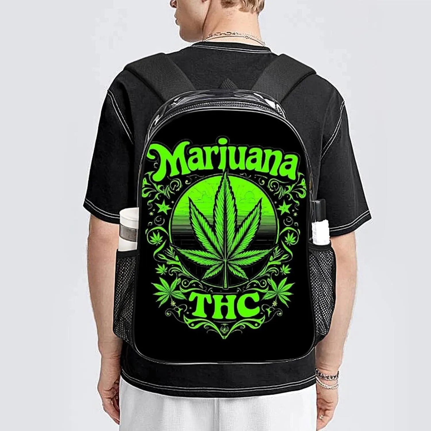 Transparent Daypack Backpack for Trekking Picnic Walking Cycling - Large Capacity Anti-Theft Multipurpose Shoulder Bag, Trippy Marijuanaweed Leaf Green Art Casual Daypack
