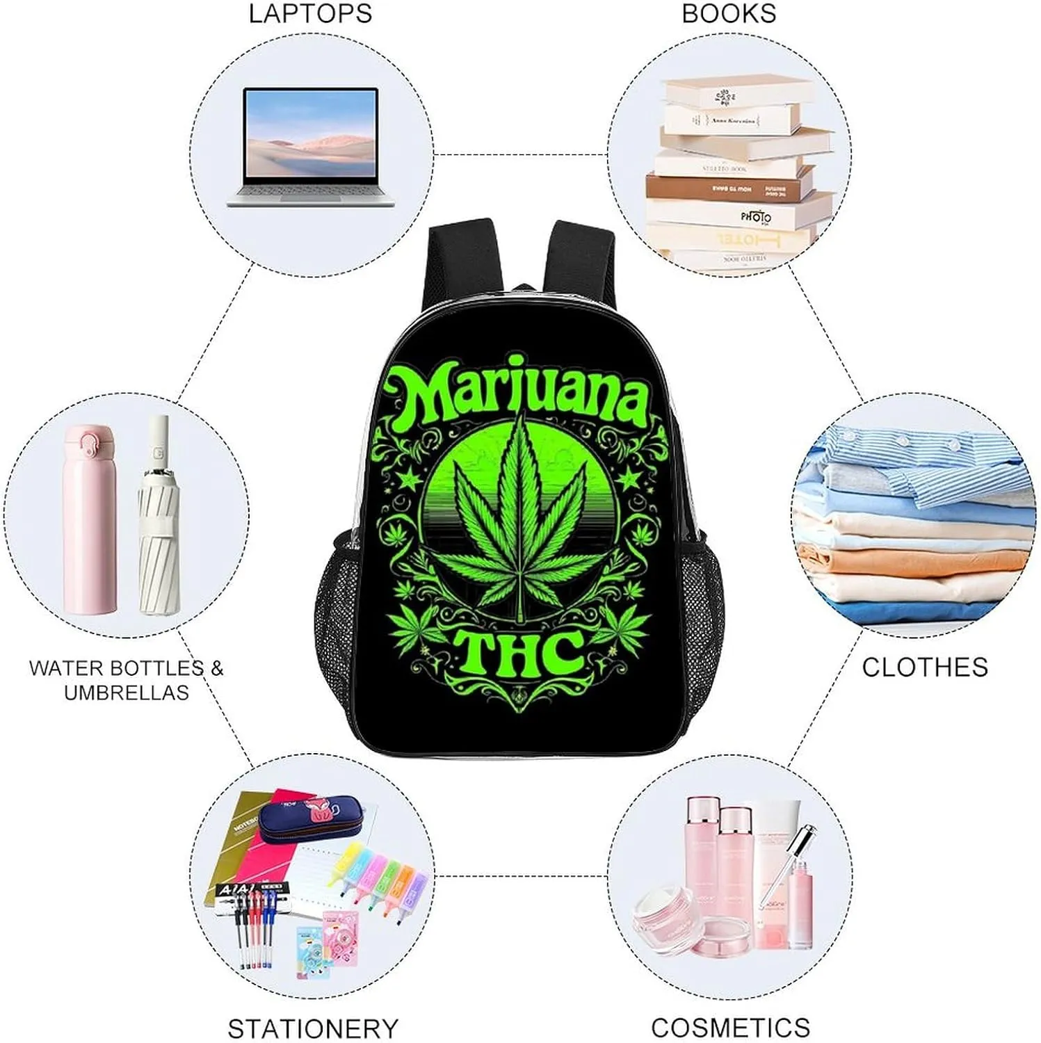 Transparent Daypack Backpack for Trekking Picnic Walking Cycling - Large Capacity Anti-Theft Multipurpose Shoulder Bag, Trippy Marijuanaweed Leaf Green Art Casual Daypack
