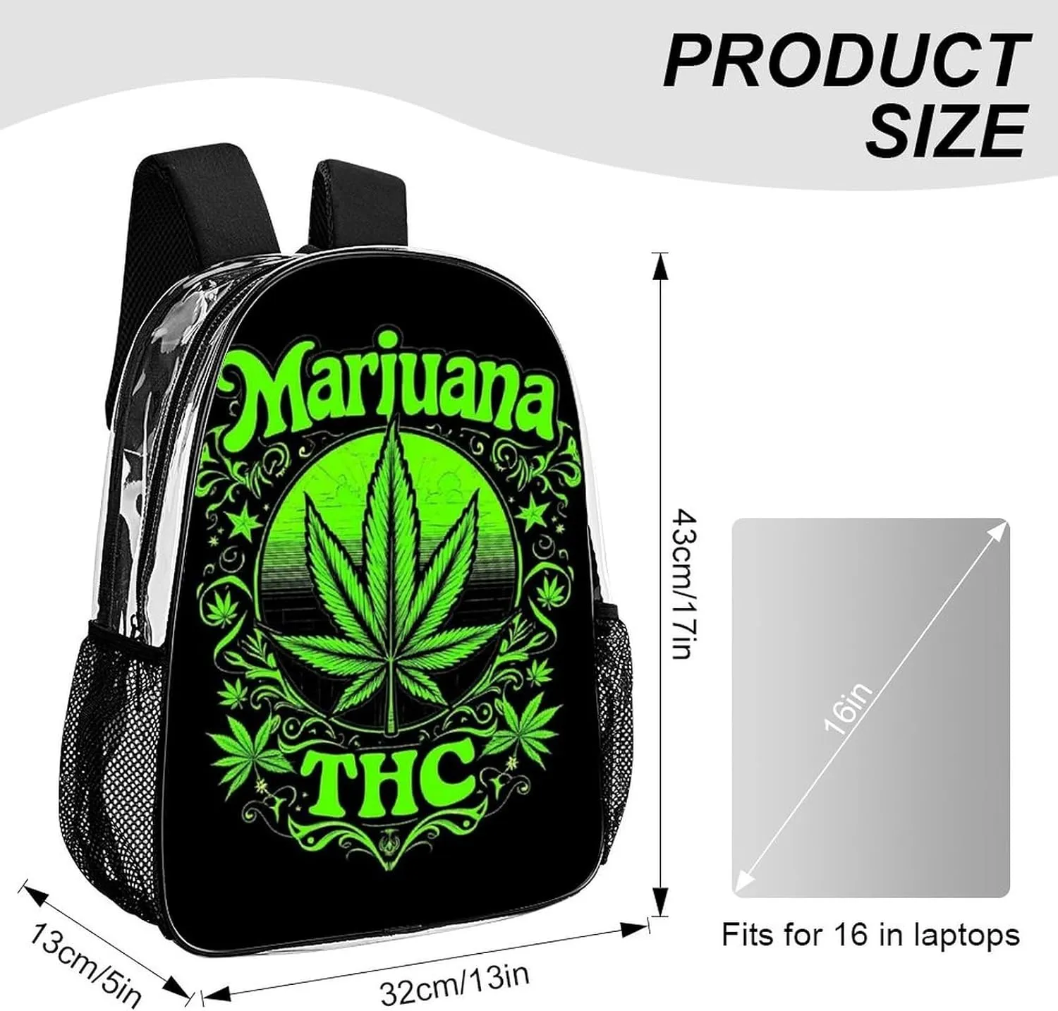 Transparent Daypack Backpack for Trekking Picnic Walking Cycling - Large Capacity Anti-Theft Multipurpose Shoulder Bag, Trippy Marijuanaweed Leaf Green Art Casual Daypack