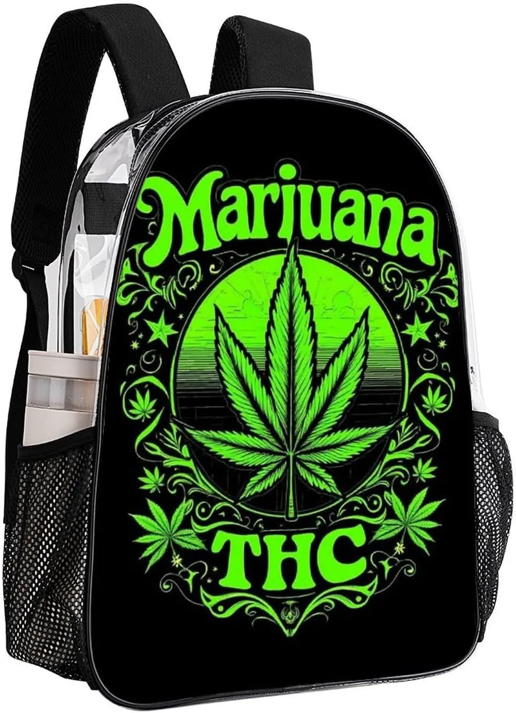 Transparent Daypack Backpack for Trekking Picnic Walking Cycling - Large Capacity Anti-Theft Multipurpose Shoulder Bag, Trippy Marijuanaweed Leaf Green Art Casual Daypack