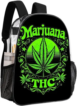 Transparent Daypack Backpack for Trekking Picnic Walking Cycling - Large Capacity Anti-Theft Multipurpose Shoulder Bag, Trippy Marijuanaweed Leaf Green Art Casual Daypack