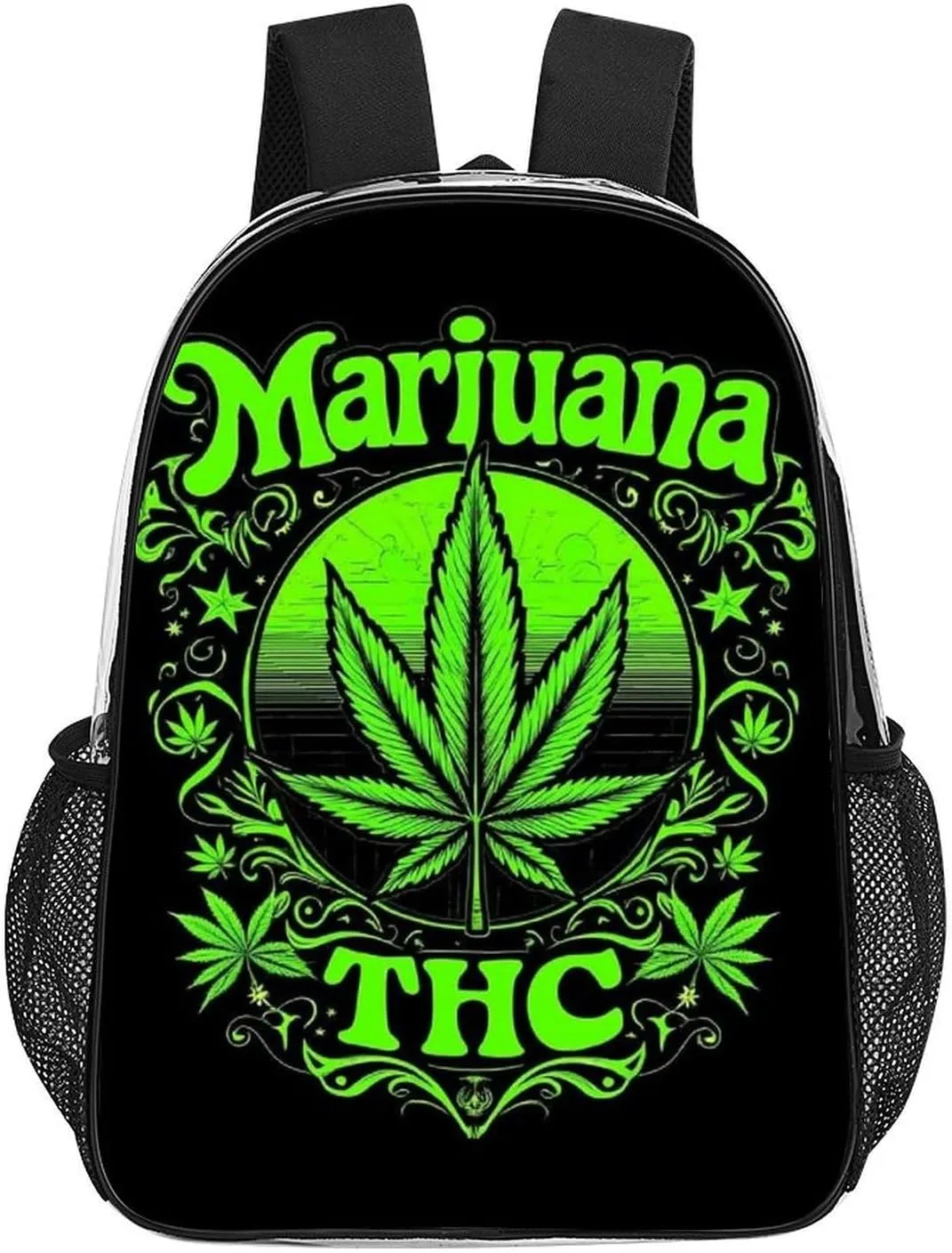 Transparent Daypack Backpack for Trekking Picnic Walking Cycling - Large Capacity Anti-Theft Multipurpose Shoulder Bag, Trippy Marijuanaweed Leaf Green Art Casual Daypack