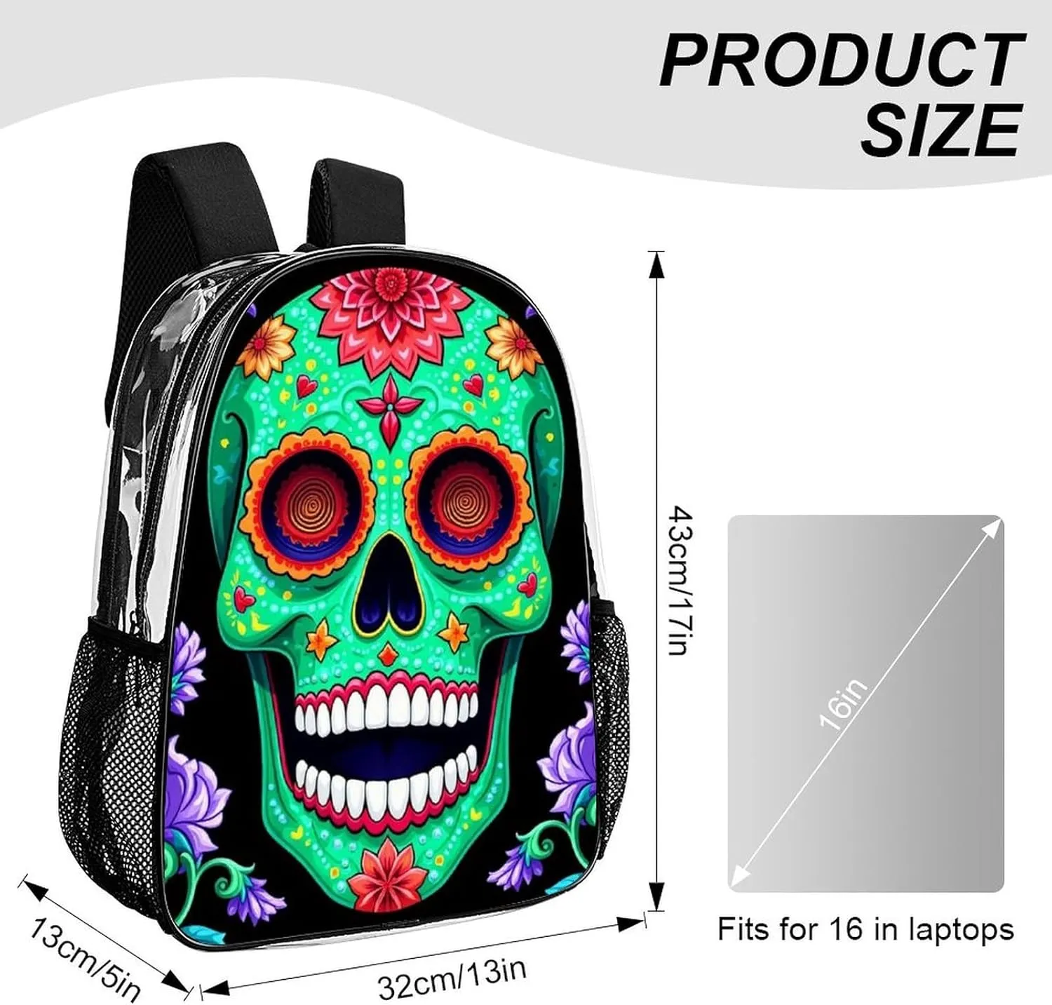 Transparent Daypack Bookbag for Gym Business Bicycle - Large Capacity Multipurpose Anti-Theft Carry On Bag, Day Of The Dead Vintage Mexican Flower Sugar Skulls Travel Hiking Daypack