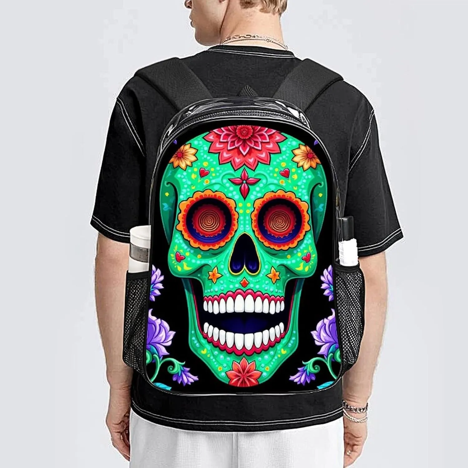 Transparent Daypack Bookbag for Gym Business Bicycle - Large Capacity Multipurpose Anti-Theft Carry On Bag, Day Of The Dead Vintage Mexican Flower Sugar Skulls Travel Hiking Daypack