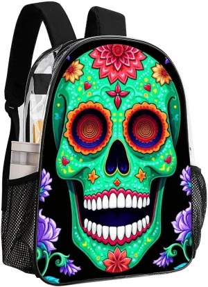 Transparent Daypack Bookbag for Gym Business Bicycle - Large Capacity Multipurpose Anti-Theft Carry On Bag, Day Of The Dead Vintage Mexican Flower Sugar Skulls Travel Hiking Daypack