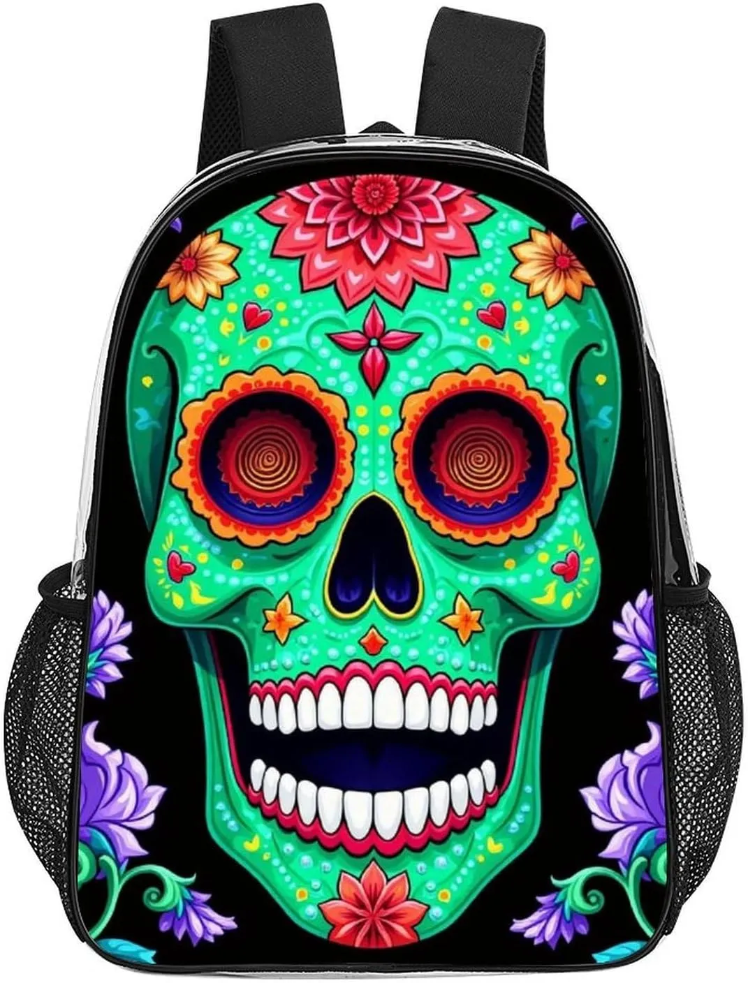 Transparent Daypack Bookbag for Gym Business Bicycle - Large Capacity Multipurpose Anti-Theft Carry On Bag, Day Of The Dead Vintage Mexican Flower Sugar Skulls Travel Hiking Daypack
