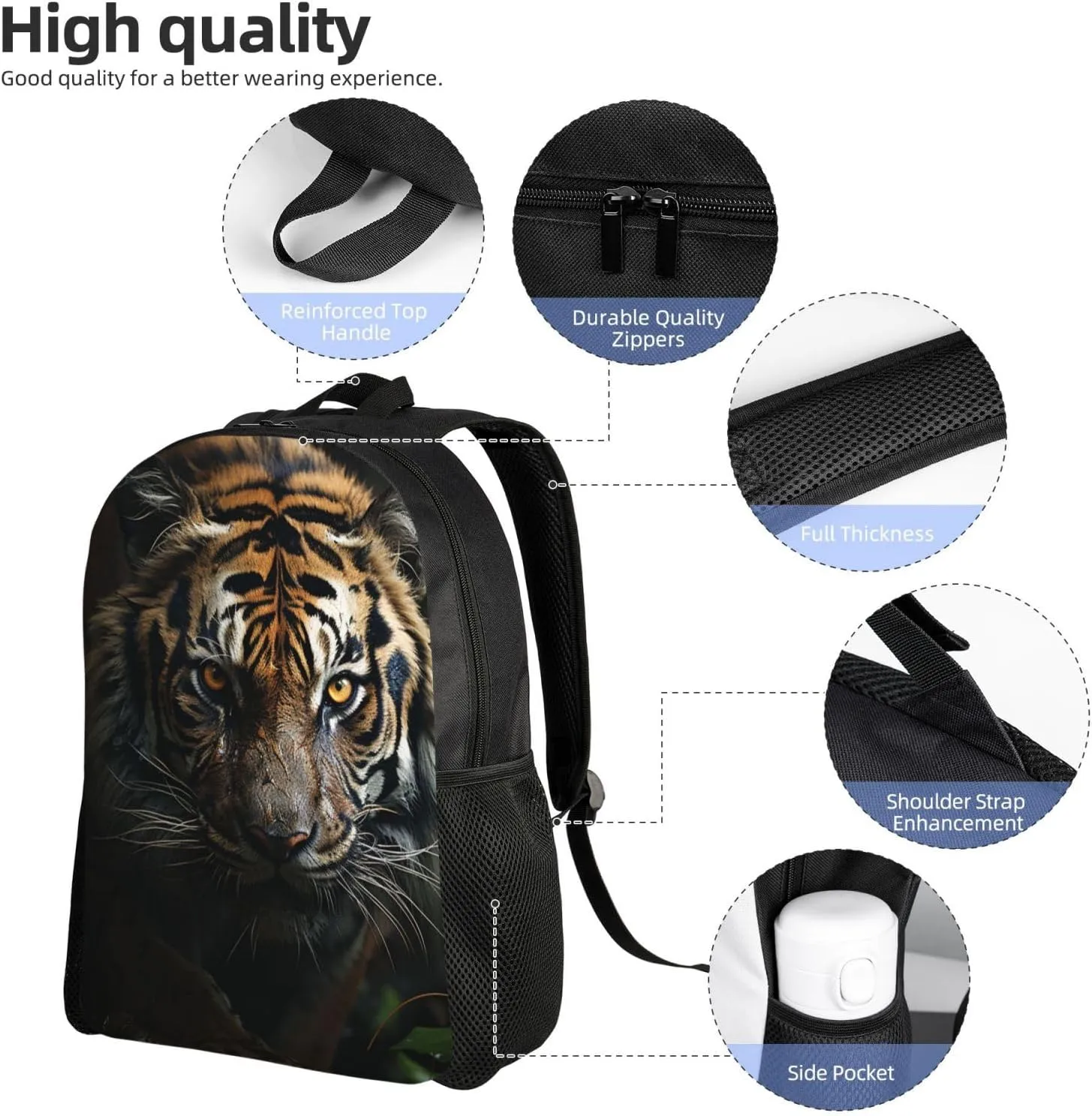 Travel Backpack for Women Men Carry On Backpack Waterproof 15.6inch Laptop Backpack A tiger in the dark