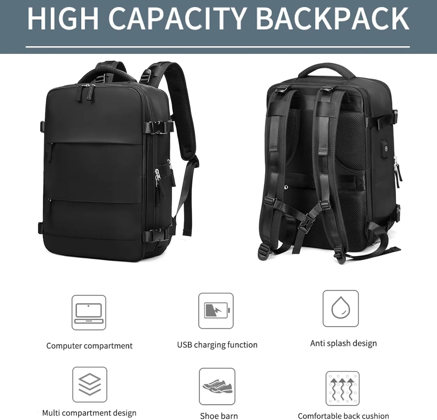 Travel Backpack Large Carry-on Backpack for Women and Men Airline Approved Business Suitcase Waterproof Hiking Backpack (Black)