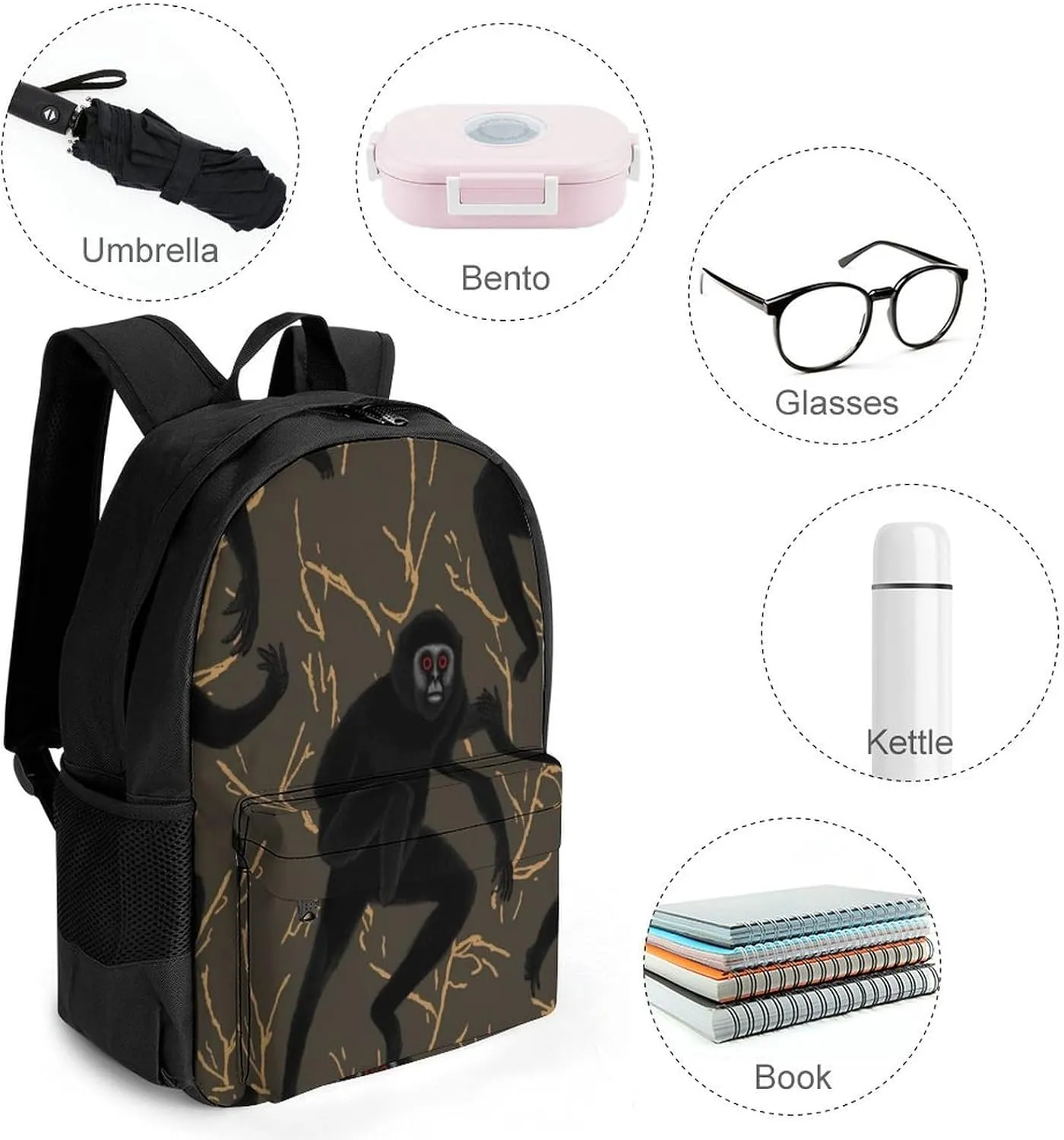 Travel Backpack Lightweight Laptop Backpack Personalized Black Gibbon Monkey Casual Backpacks For Men Womens