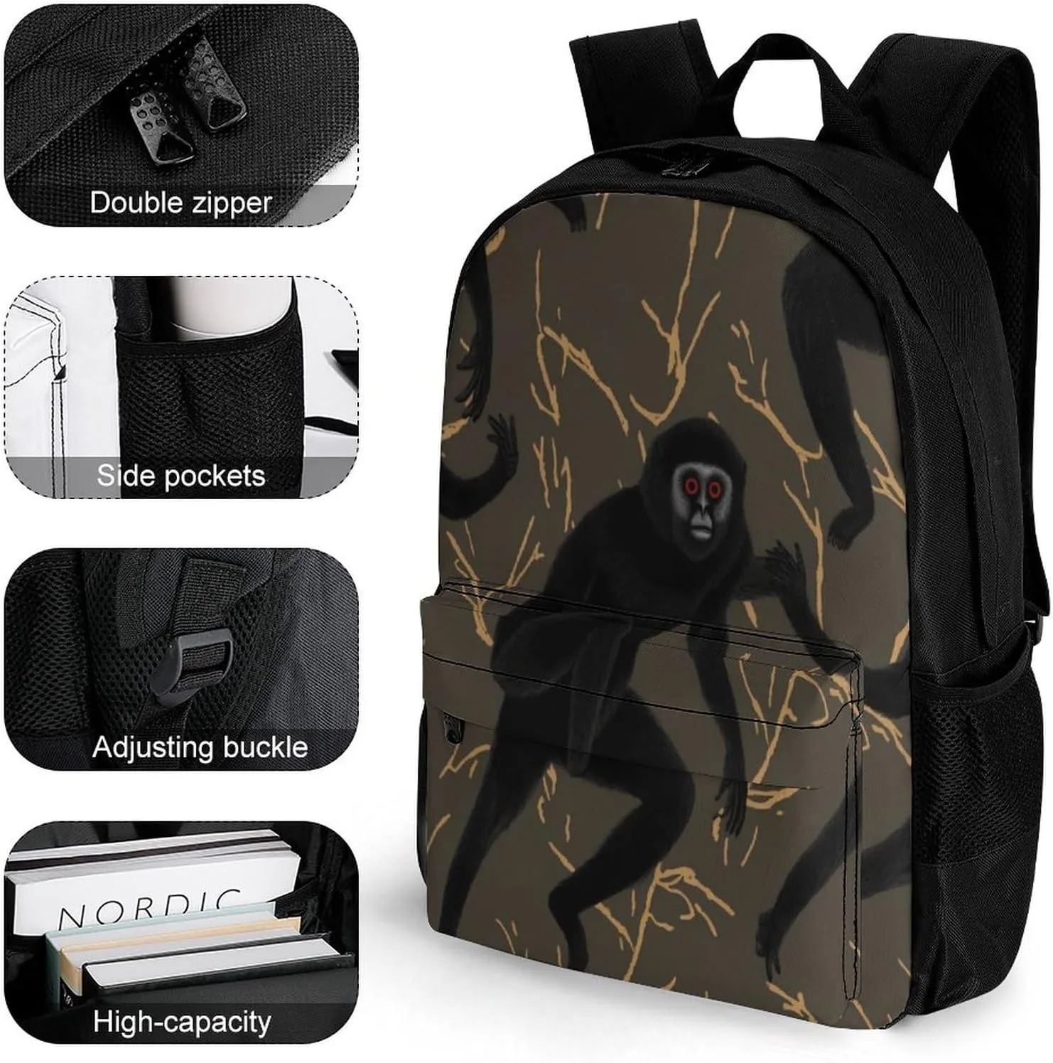 Travel Backpack Lightweight Laptop Backpack Personalized Black Gibbon Monkey Casual Backpacks For Men Womens